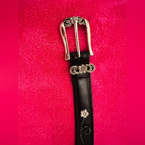 Brighton Black Leather Belt with Silver Floral Studs 36” XL - Picture 2 of 8